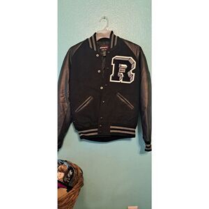Black & Gray Size Small Powers Letterman JACKET WITH "R" & NHS PATCH